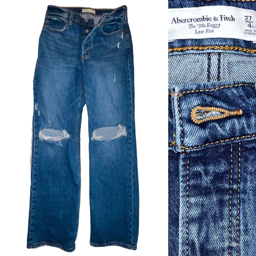 Abercrombie & Fitch 90’s Baggy Distressed Blue Jeans Like New A&F Low Rise Jean